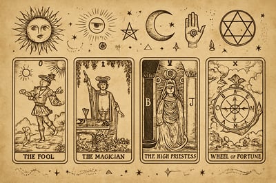 Ilustración de cartas de tarot y símbolos esotéricos Ilustración de cartas de tarot y símbolos esotéricos