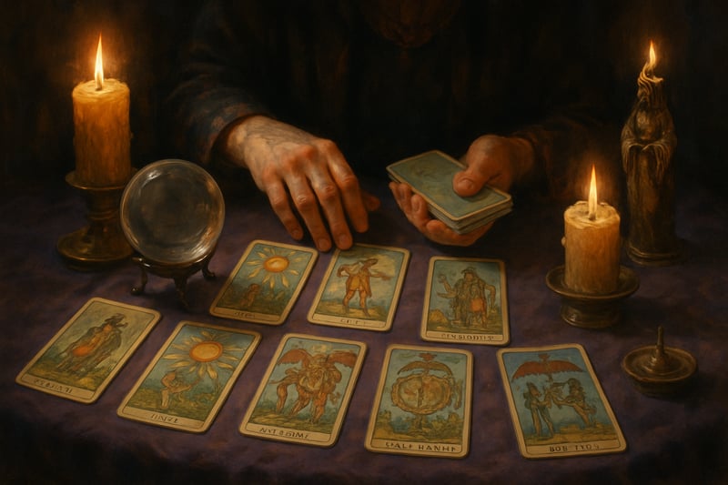 Lectura de cartas del tarot en una mesa espiritual. Lectura de cartas del tarot en una mesa espiritual.